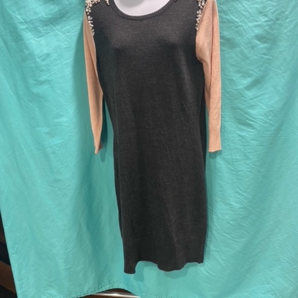 Grey and Pink Sweater Dress with Pearls and Rhinestone Accents - Picture 16 of 16